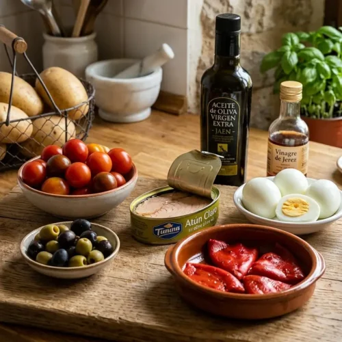 ingredientes para la ensalda de patatas y pimientos del piquillo