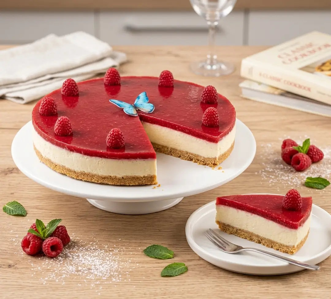 tarta de queso y frambuesas sin horno con una porción cortada