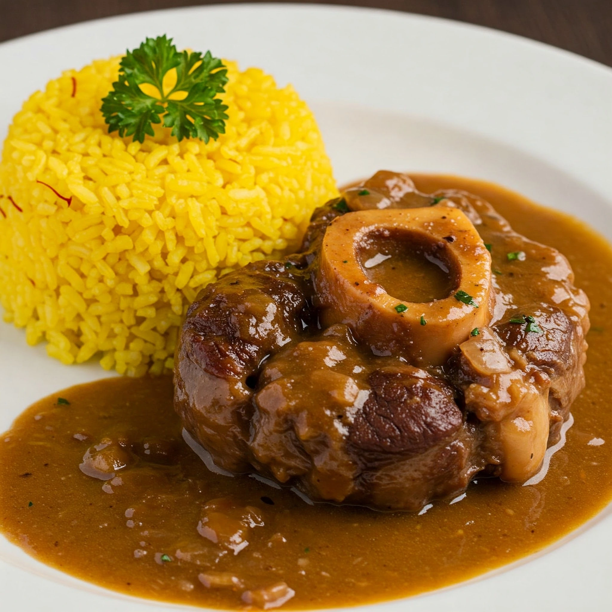 osobucco de ternera a la milanesa con salsa y arroz con azafrán