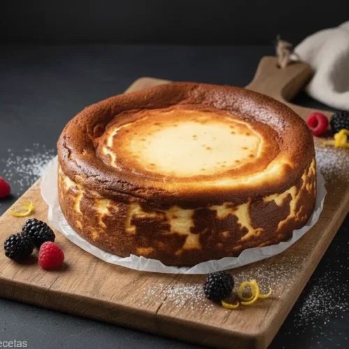 Pastel de queso al horno cremoso con textura suave y dorado por encima