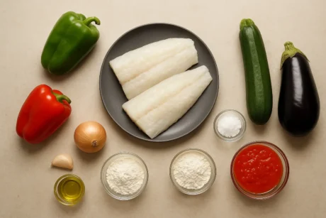 Els ingredients per a la recepta bacallà en samfaina
