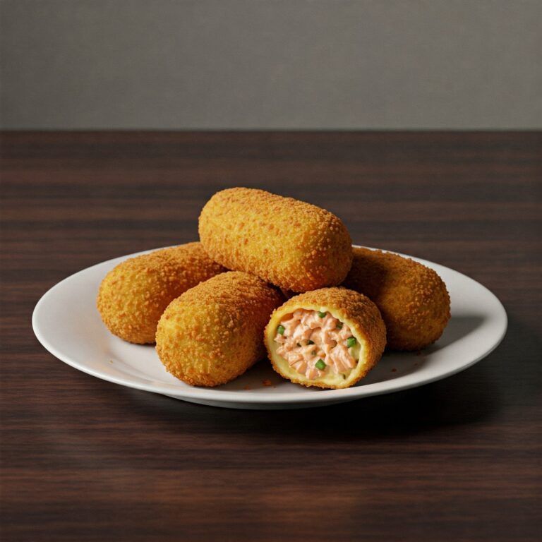 en un plato blanco algunas croquetas de salmón y verduras