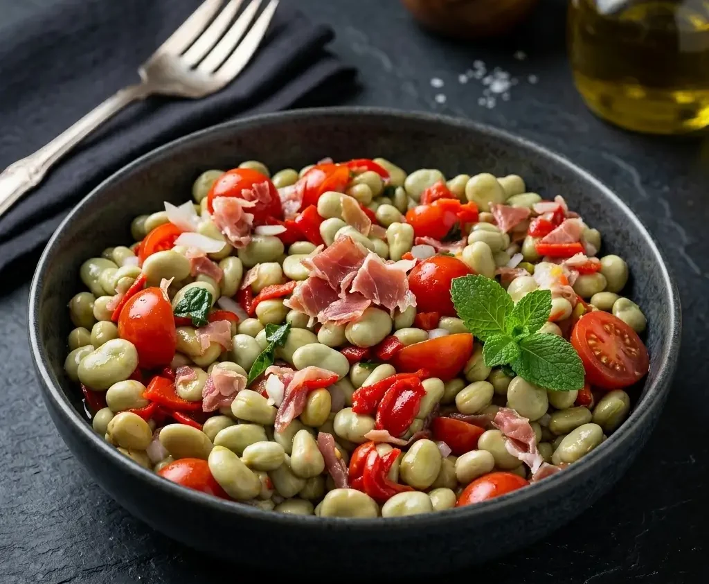 Ensalada de habas, tomate y jamón