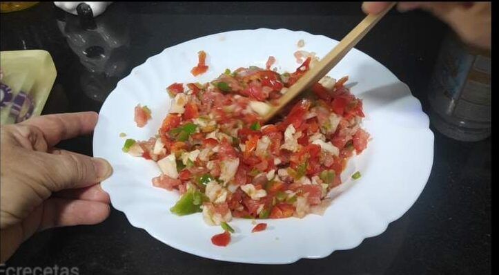 en un plat pipirrana barrejada tomàquet, ceba i pebrots a trossets
