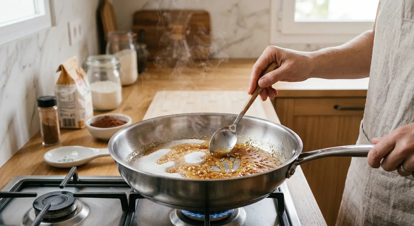 caramel·litzar en una paella al sucre en rebosteria tècnica