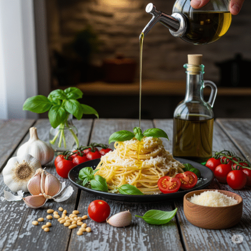 ingredients per preparar espaguetis i la salsa de pesto casolana