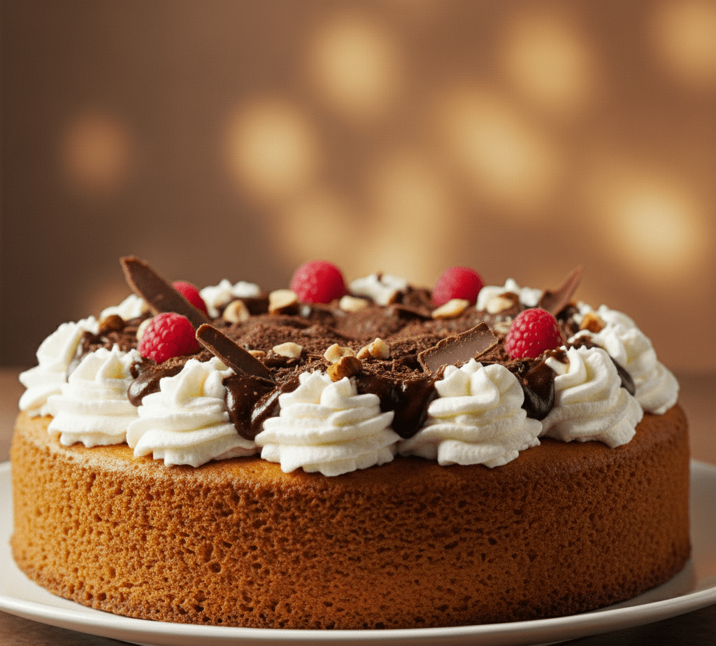 bizcocho de calabaza caseor decorado con nata y frutas y chocolate