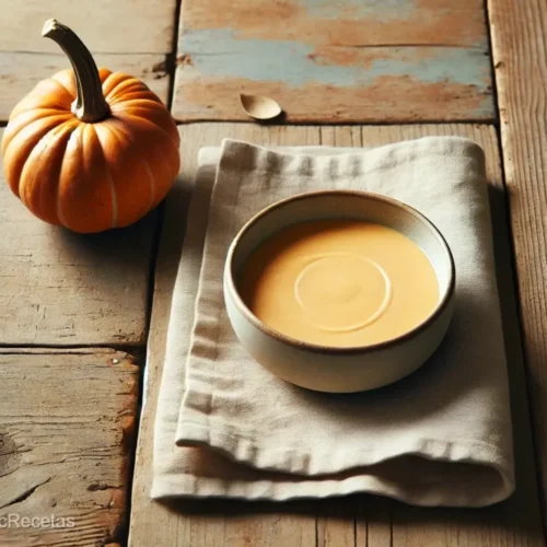 un cuenco con crema de calabaza , una servilleta sobre una base de madera antigua