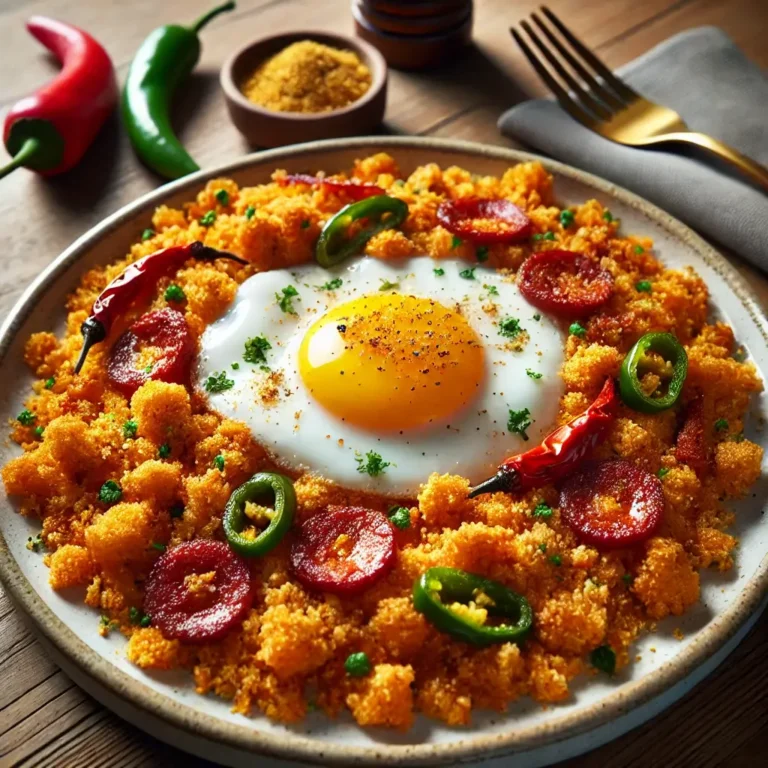 un plato con migas de coliflaor un huevo frito y pimientos