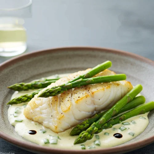 un plato con bacalao a la crema con espárragos trigueros