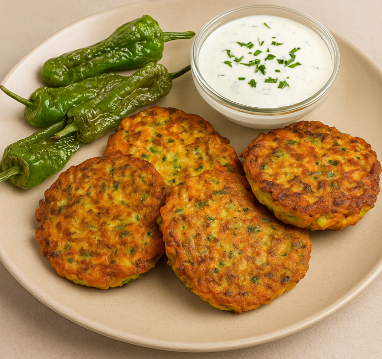 tortitas de calabacín y zanagoria con salsa yogur y pimientos fritos como guarnición
