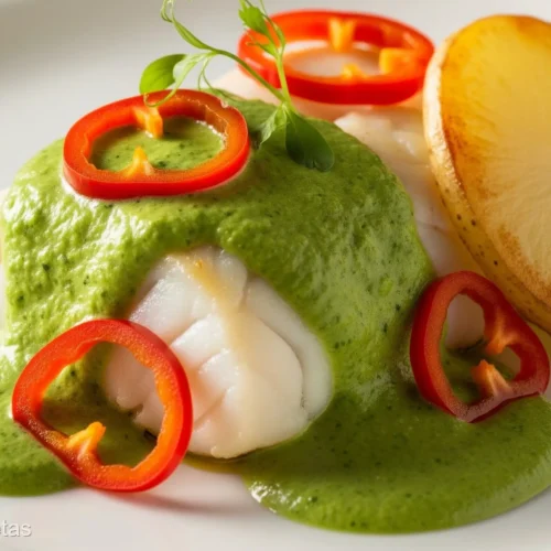 recepta de bacallà amb salsa de pebrots verds