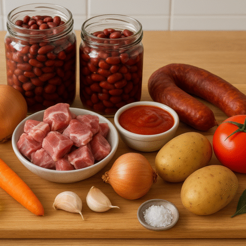 ingredients per preparar la recepta mongetes vermelles amb xoriço