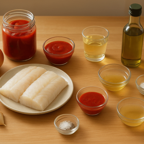 Ingredients per al bacallà amb salsa de pebrots del piquillo