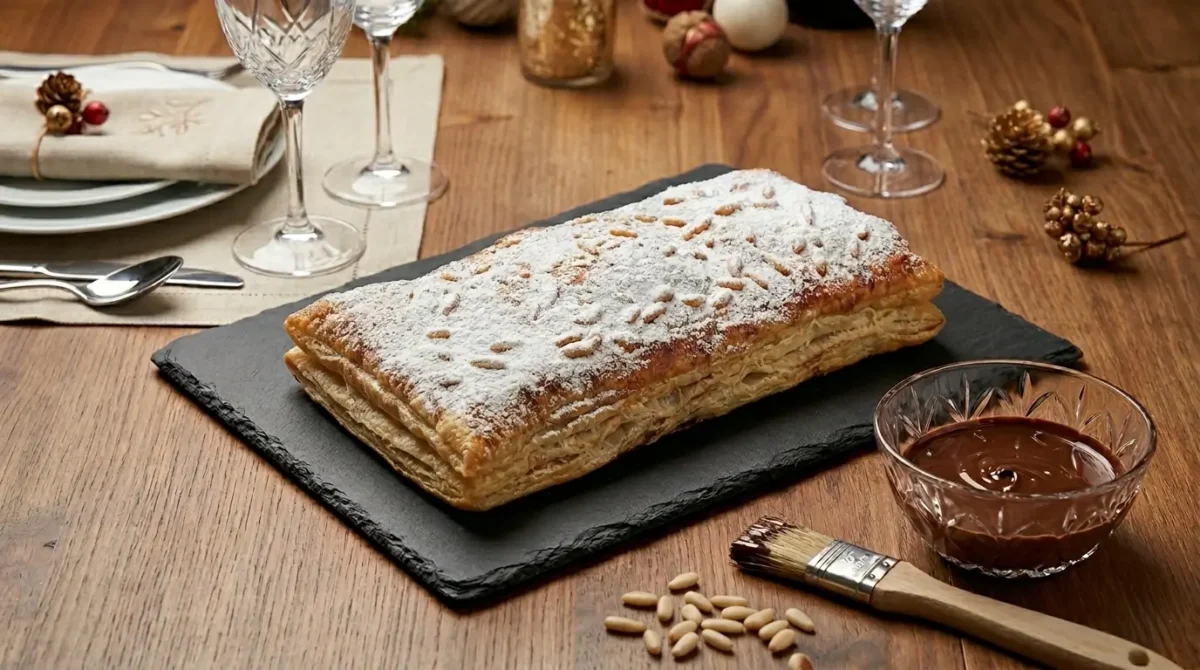 coca de hojaldre con piñones y chocolate