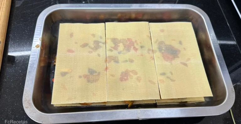 ultima capa de placas cerrando la lasaña de verduras